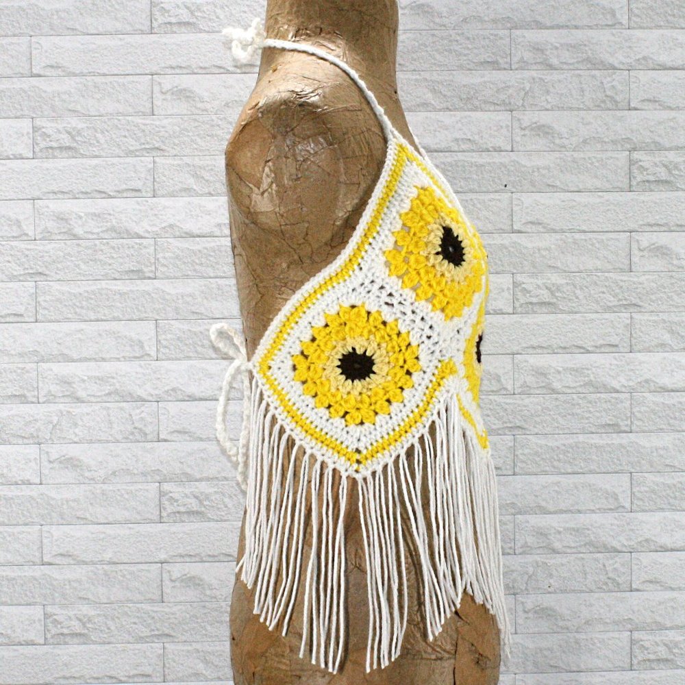 HAND CRAFTED Crop Top Sunflower Crochet Fringe Granny Square Yellow Various - Picture 3 of 15